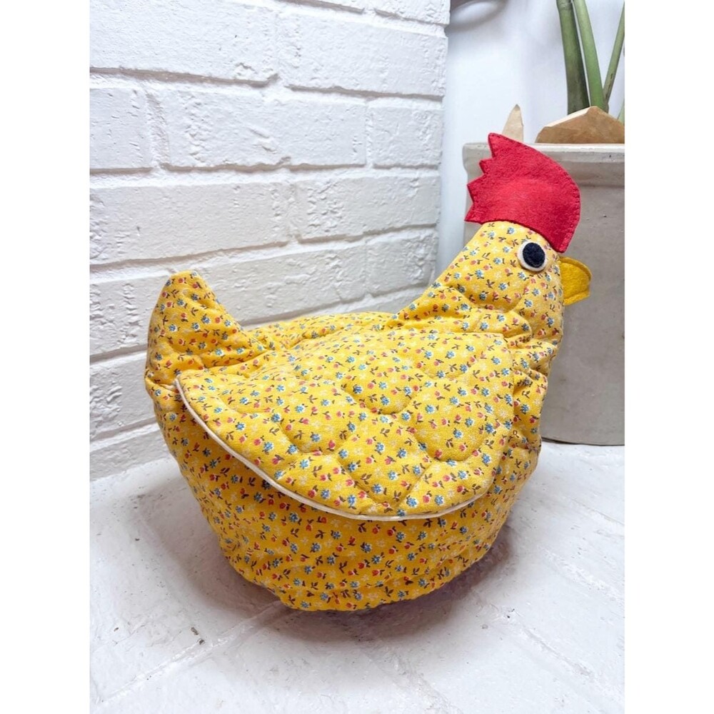 Vintage Quilted Chicken Hen Egg Basket Bread Cozy - Yellow Flowers